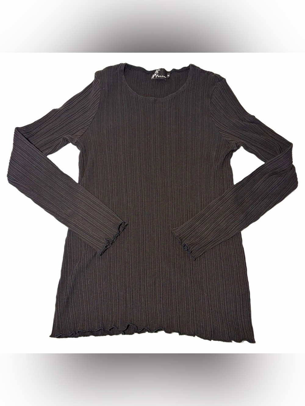 Fenini 100% Cotton Black Ribbed Knit Scoop Neck Long Sleeve Top Size Small